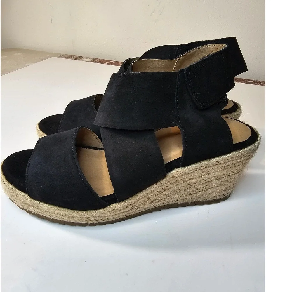 Soul Naturalizer Oshay Black Leather Espadrille Wedge Sandals Womens 7M